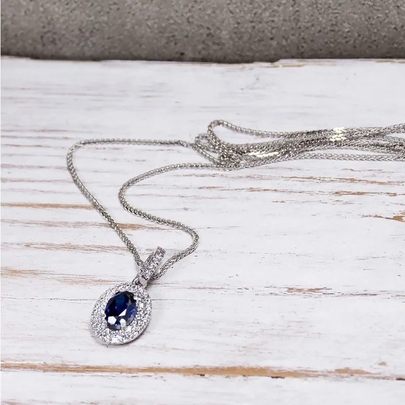 14K White Gold Oval Blue Cubic Zirconia 7X5mm Pendant