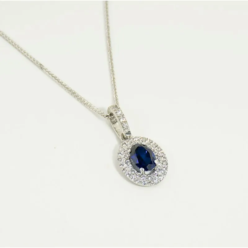 14K White Gold Oval Blue Cubic Zirconia 7X5mm Pendant