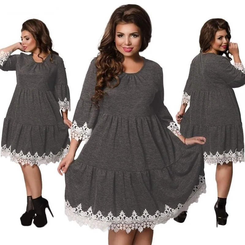 5XL 6XL Large Size Winter Plus Size Women's Patchworked Lace Dress