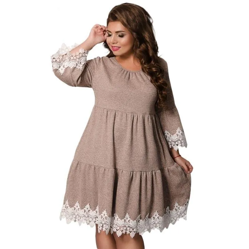 5XL 6XL Large Size Winter Plus Size Women's Patchworked Lace Dress