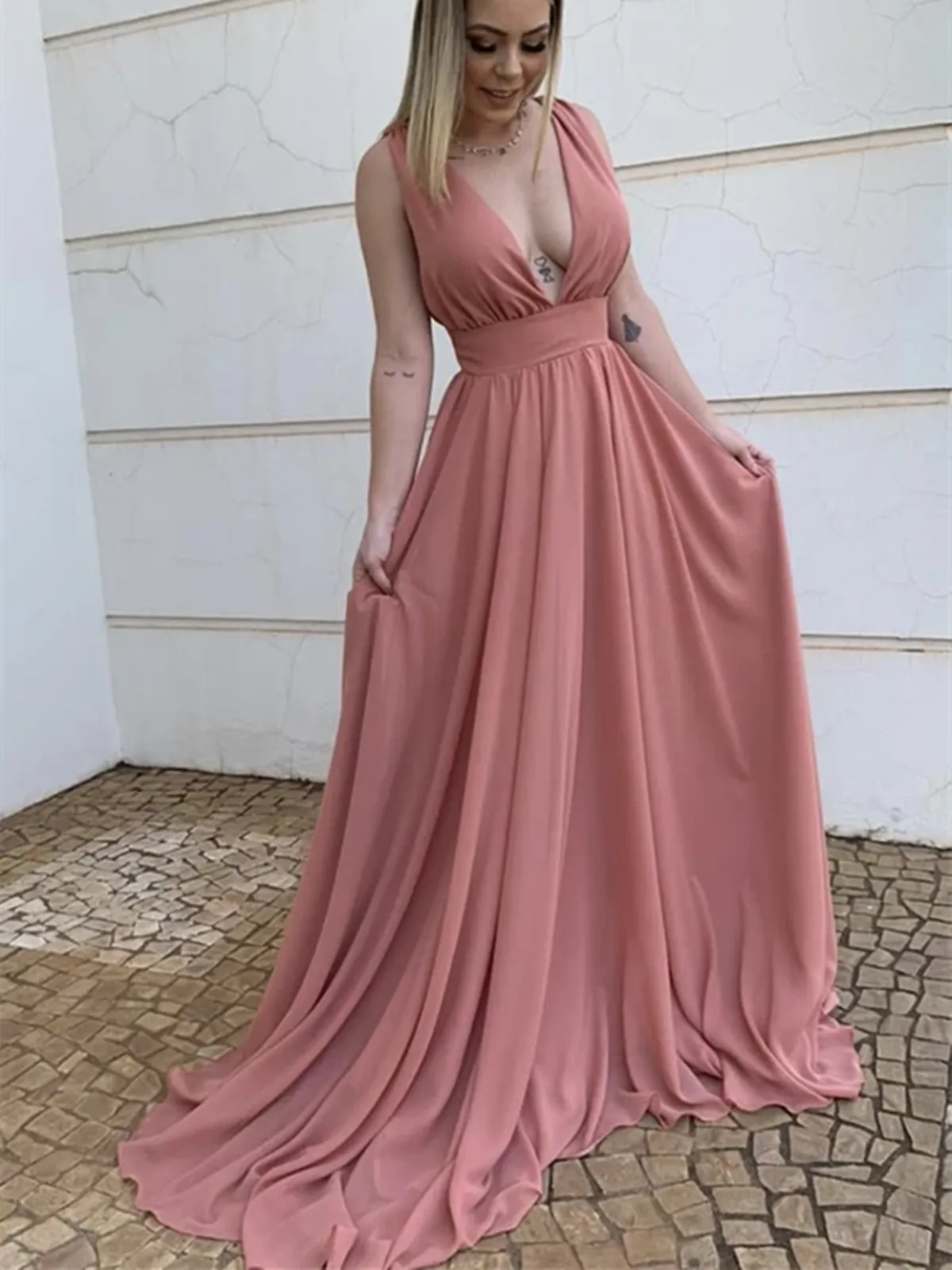 A Line V Neck Pink Chiffon Long Prom Dresses, V Neck Pink Chiffon Long  Formal Evening Graduation Dresses