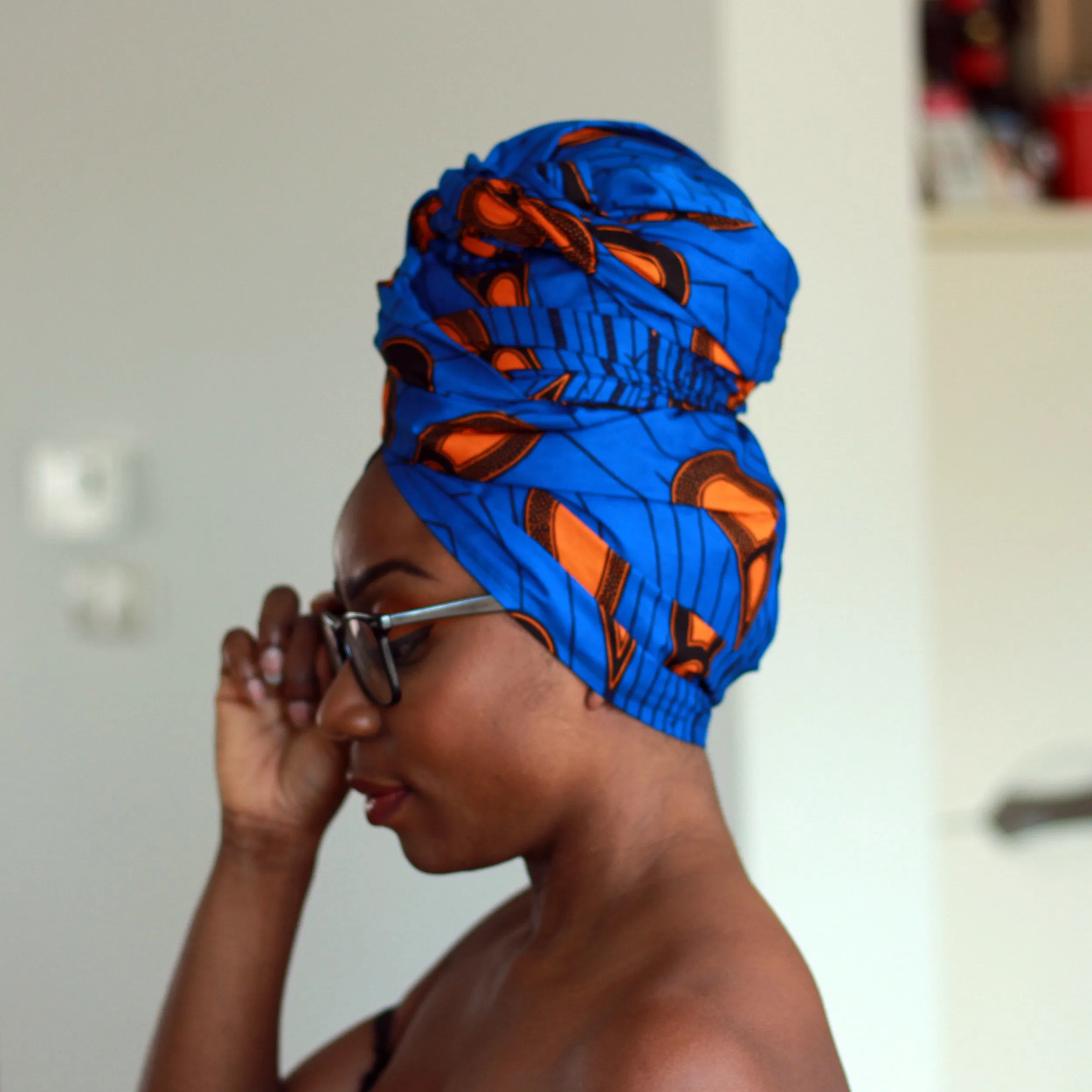 African headwrap - Blue / Orange electric bulb (Vlisco)