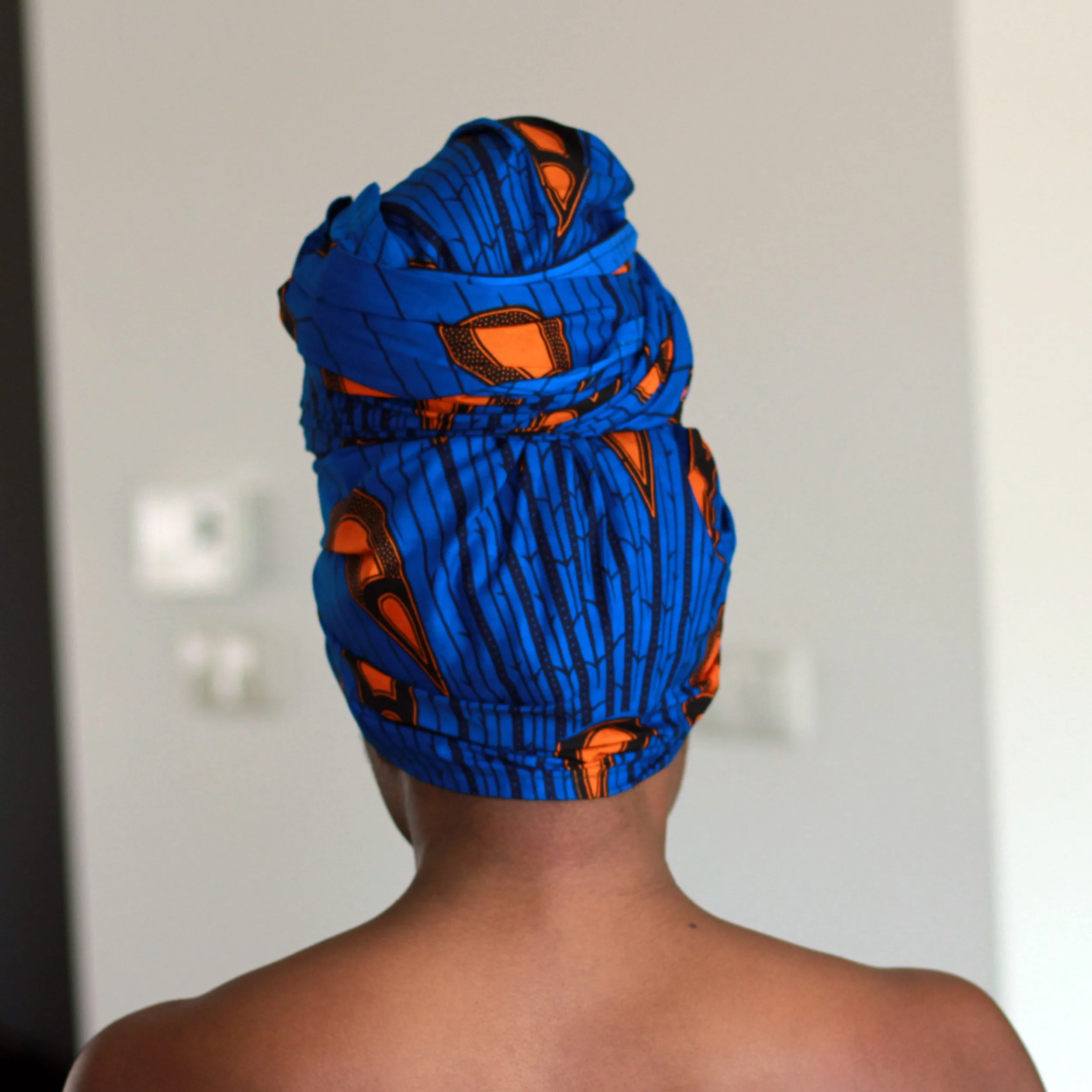 African headwrap - Blue / Orange electric bulb (Vlisco)