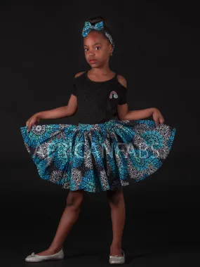 African print Kids Skirt   Headtie with Bow set Blue ( 1 - 10 years )