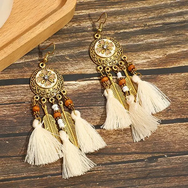 All-Match Tassel Gold Leaf Long Earrings 74904188C