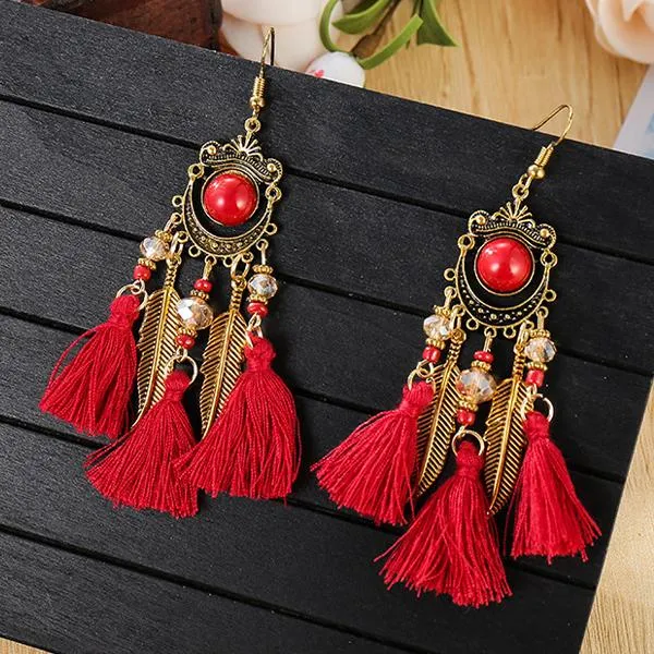 All-Match Tassel Gold Leaf Long Earrings 74904188C