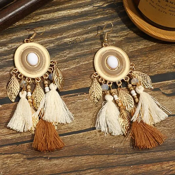 All-Match Tassel Gold Leaf Long Earrings 74904188C