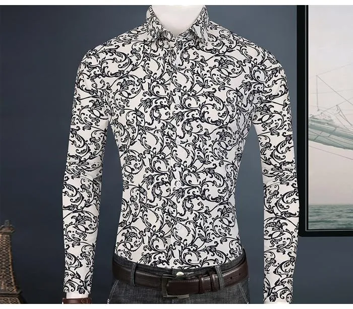 Beach Floral Printed Hawaiian Pocket Less Long Sleeve Shirts for Men