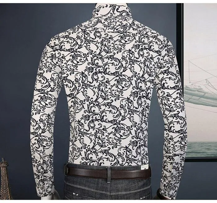 Beach Floral Printed Hawaiian Pocket Less Long Sleeve Shirts for Men