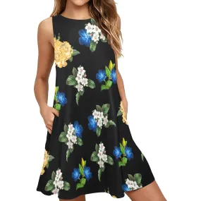 black back blue gold white floral print Sleeveless A-Line Pocket Dress (Model D57)