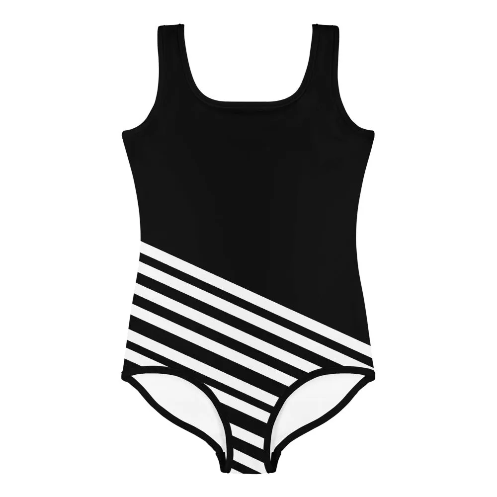 Black Diagonal Striped Girl's Swimsuit, Cute Kids White Stripes Bathing Suit-Made in USA/EU