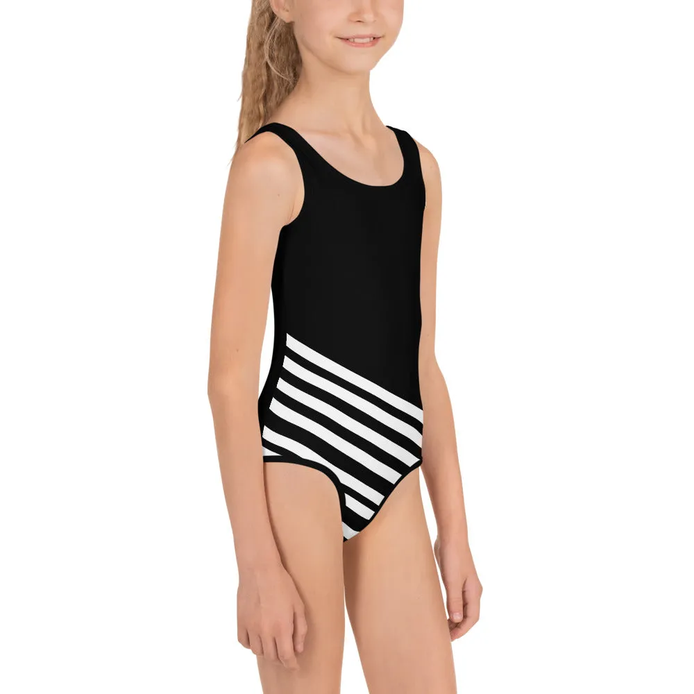 Black Diagonal Striped Girl's Swimsuit, Cute Kids White Stripes Bathing Suit-Made in USA/EU