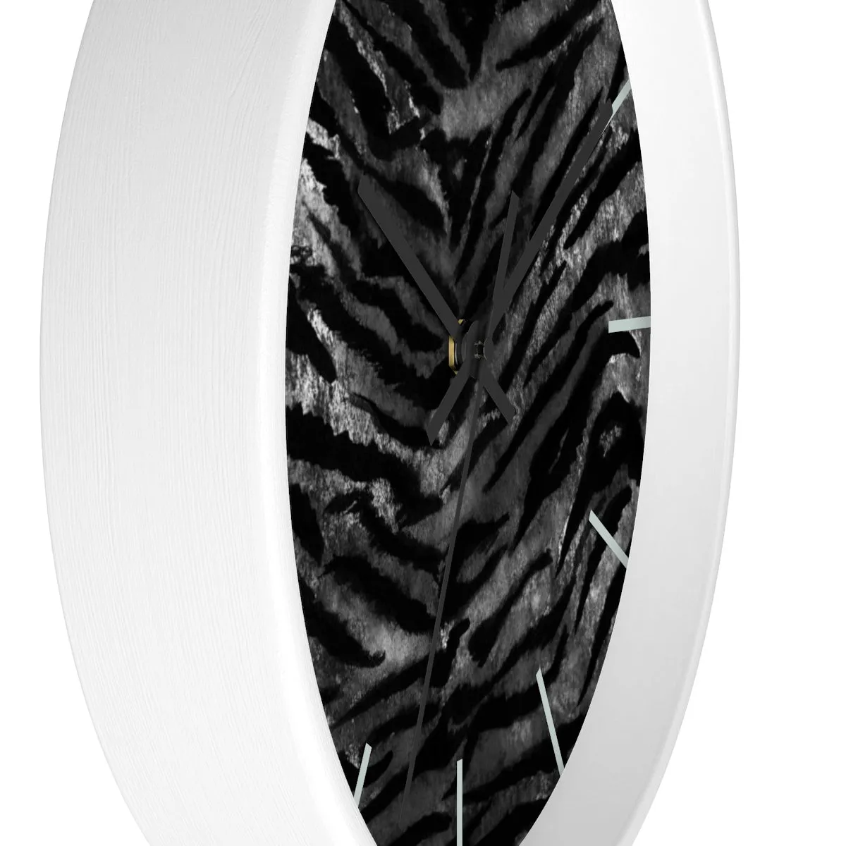 Black Tiger Stripe Wall Clock, Tiger Faux Fur Pattern Print 10" Dia. Walll Clock - Made in USA