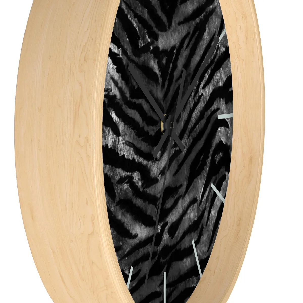 Black Tiger Stripe Wall Clock, Tiger Faux Fur Pattern Print 10" Dia. Walll Clock - Made in USA