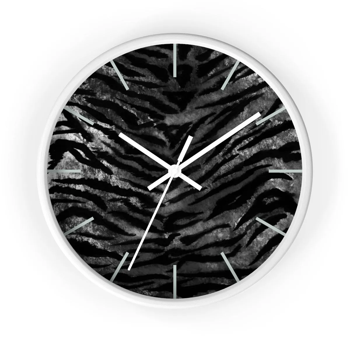 Black Tiger Stripe Wall Clock, Tiger Faux Fur Pattern Print 10" Dia. Walll Clock - Made in USA