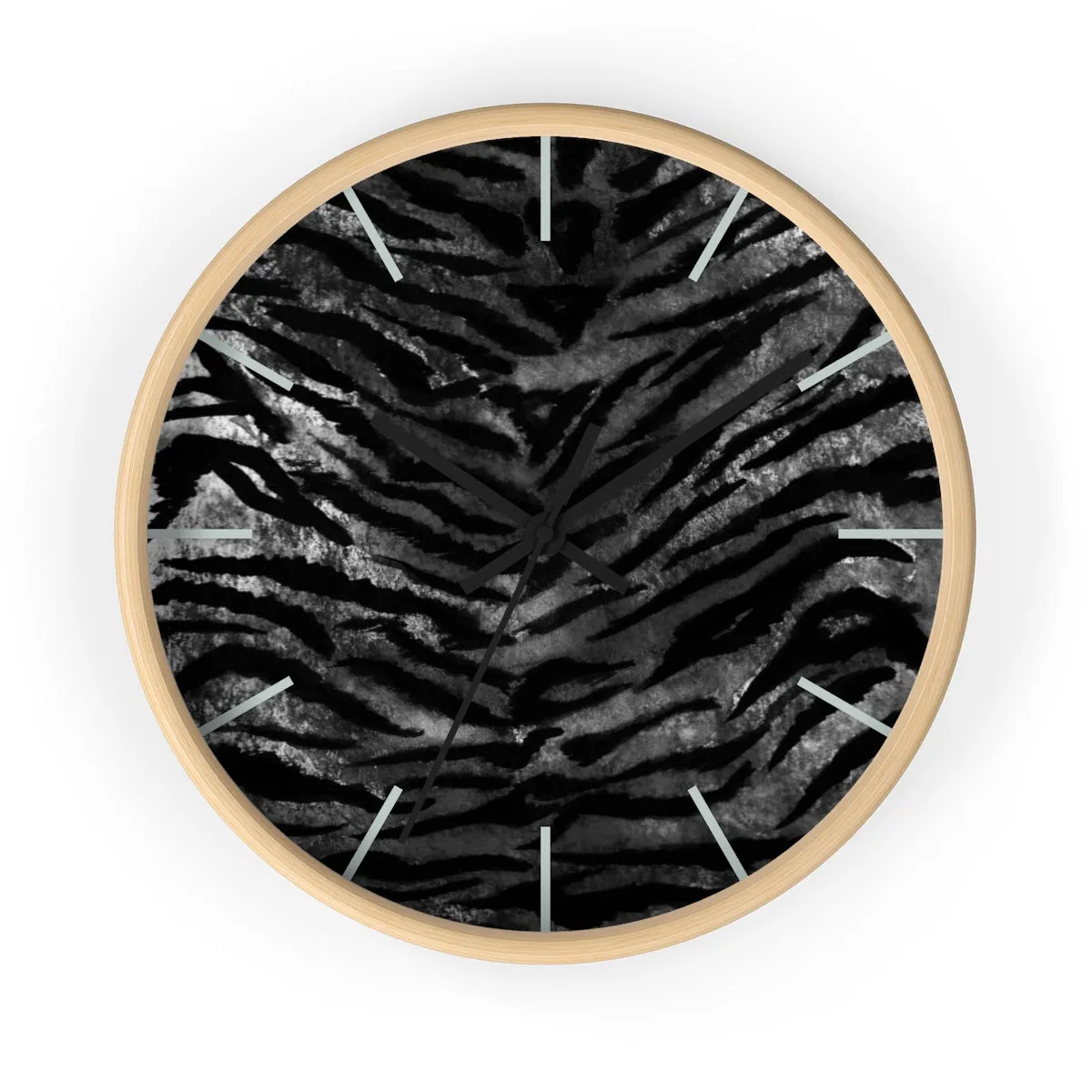 Black Tiger Stripe Wall Clock, Tiger Faux Fur Pattern Print 10" Dia. Walll Clock - Made in USA