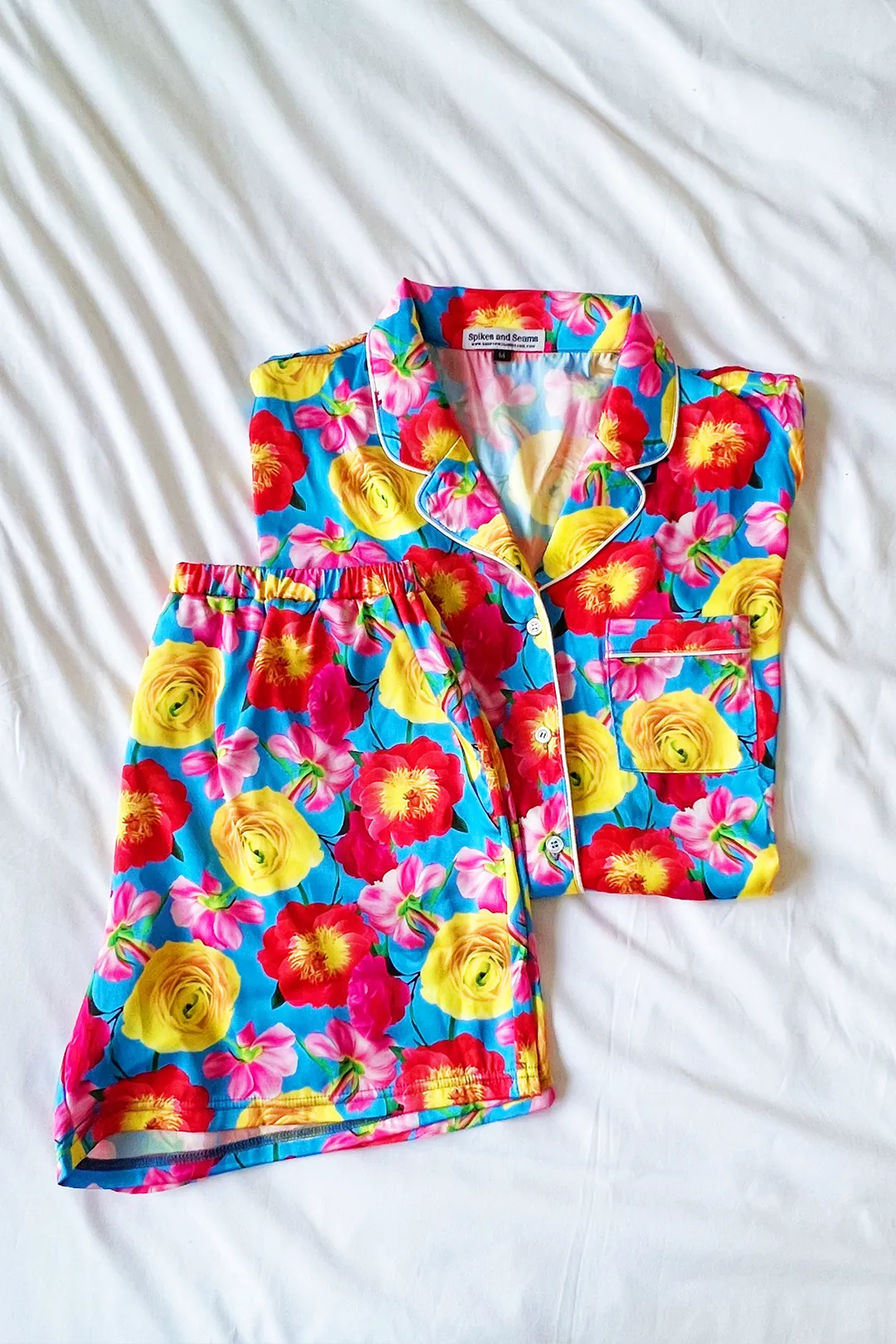 Blue Floral Satin Pajamas