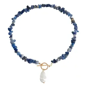 Blue Natural Stones, Gold Buckle Pearl Charm Necklace