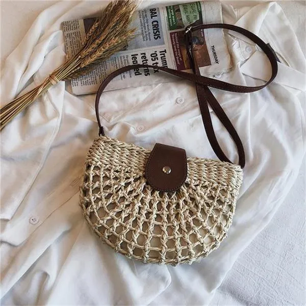 Boho Handmade Half Moon Straw Cross Body Bag