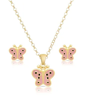 Butterfly Pendant and Stud Earrings Set (Pink)