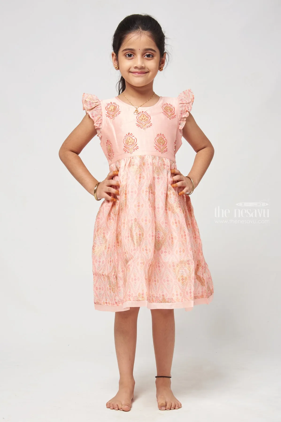 Charming Salmon Pink Block Printed Chanderi Frock - Stylish Girls Dress