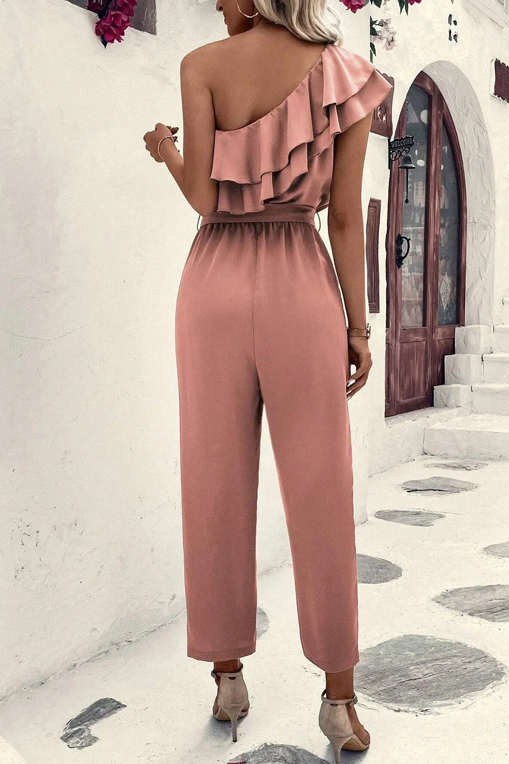 Dusty Pink One Shoulder Ruffle Trim Belted Jumpsuit