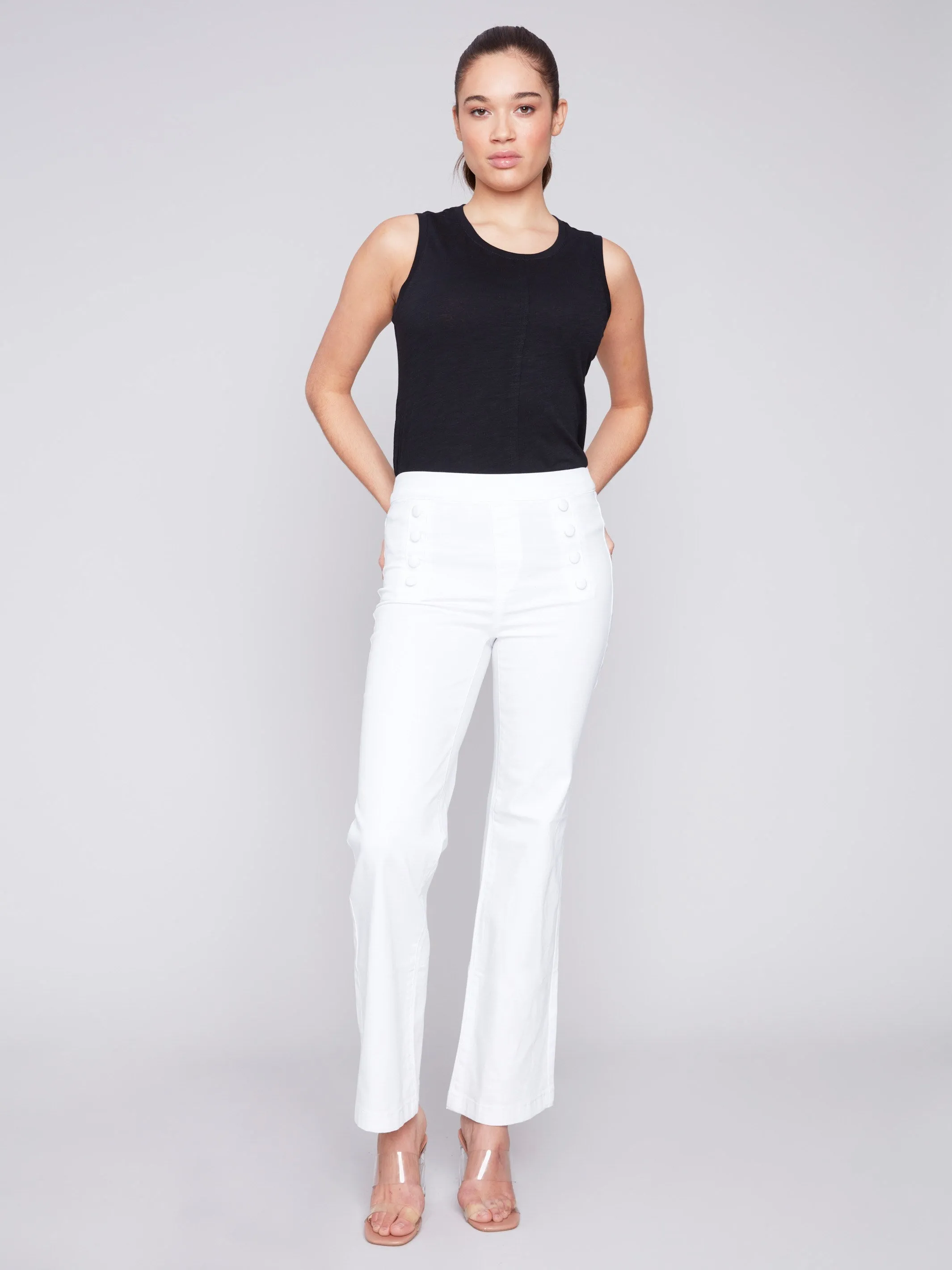 Flare Twill Pants with Decorative Buttons - White