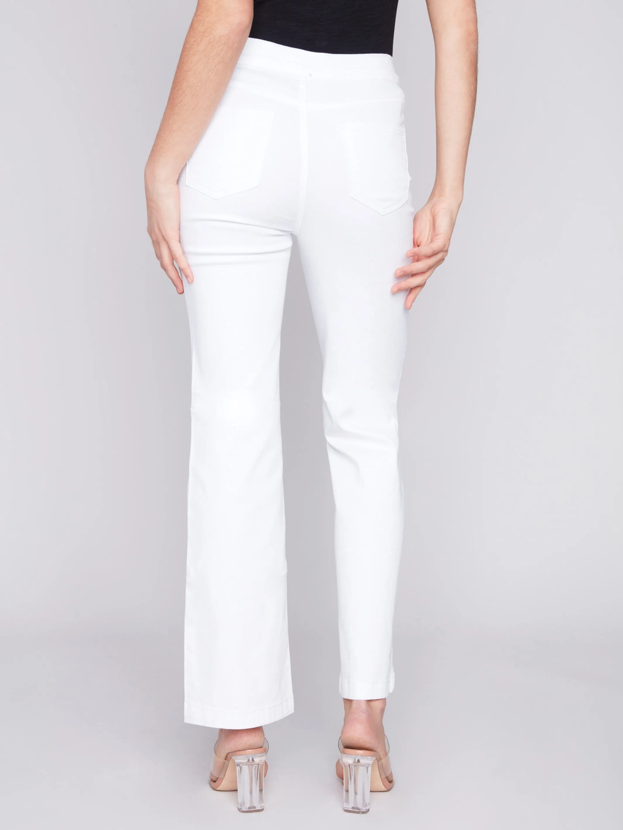 Flare Twill Pants with Decorative Buttons - White