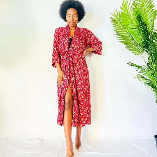 Floral Long Kimono with Pockets