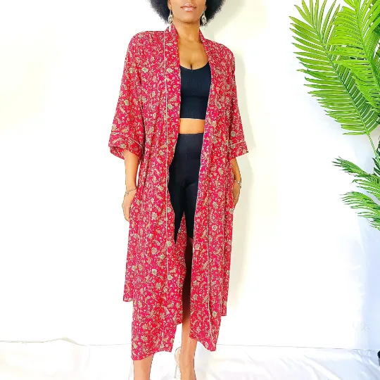 Floral Long Kimono with Pockets