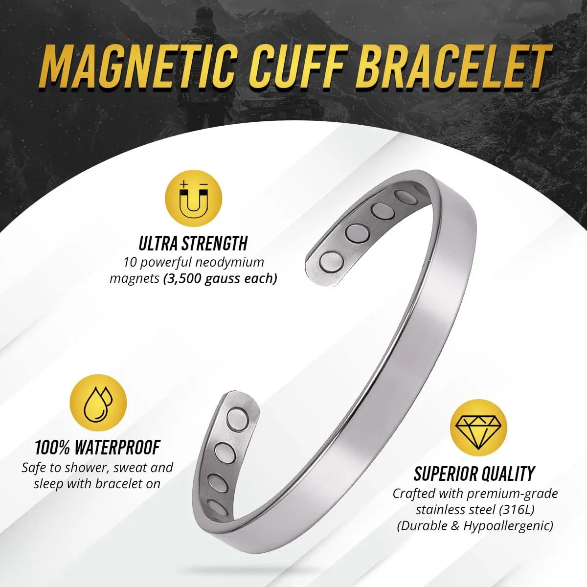 Men’s Magnetic Bracelet Cuff (Polished Silver)