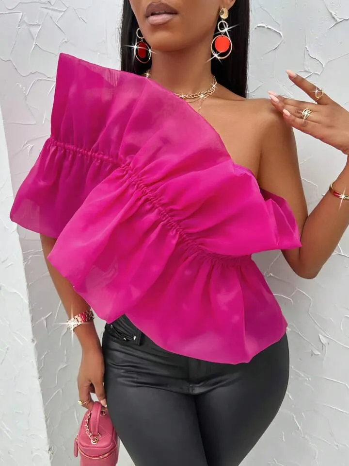 One shoulder ruffle trim bodysuit in pink