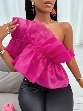 One shoulder ruffle trim bodysuit in pink