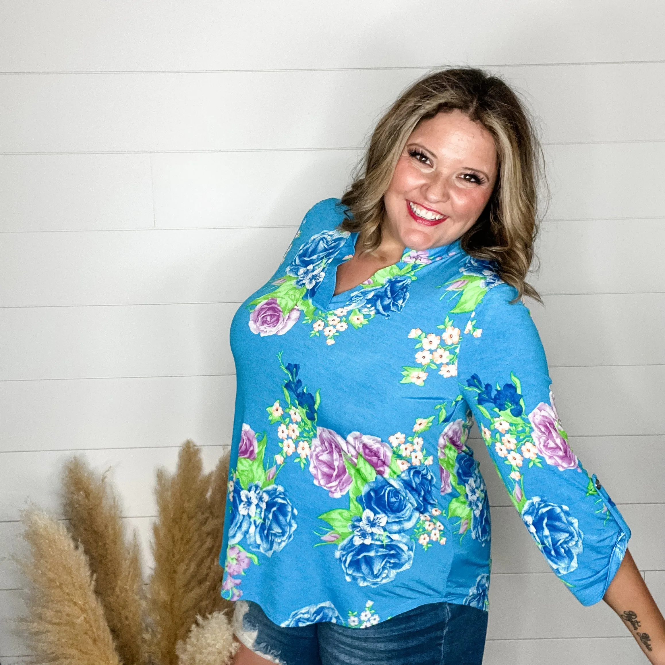 "Deep Dive" Floral Lizzy 3/4 Sleeve Split Neck Tops