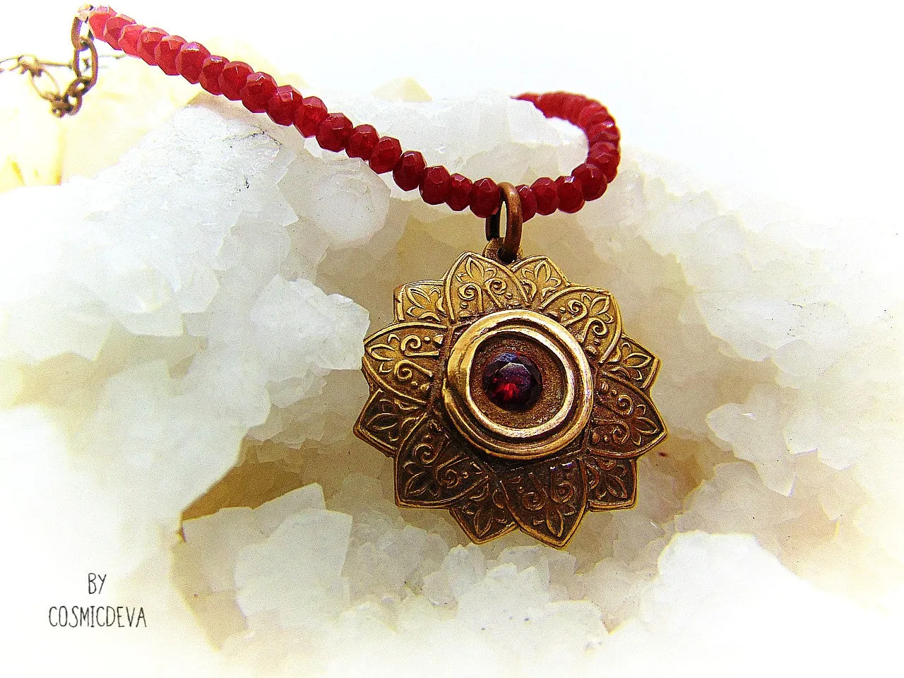 Red Ruby Mandala Mendhi Gold Bronze Necklace