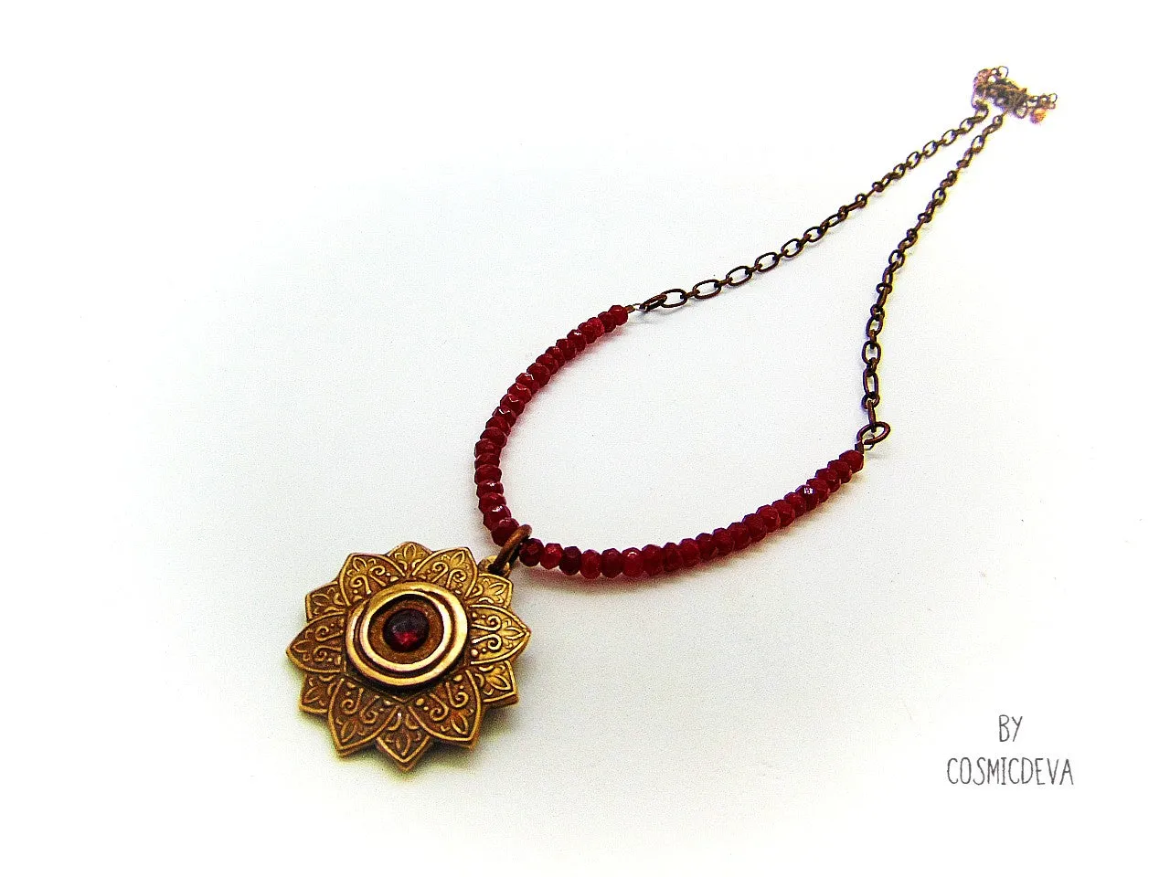 Red Ruby Mandala Mendhi Gold Bronze Necklace