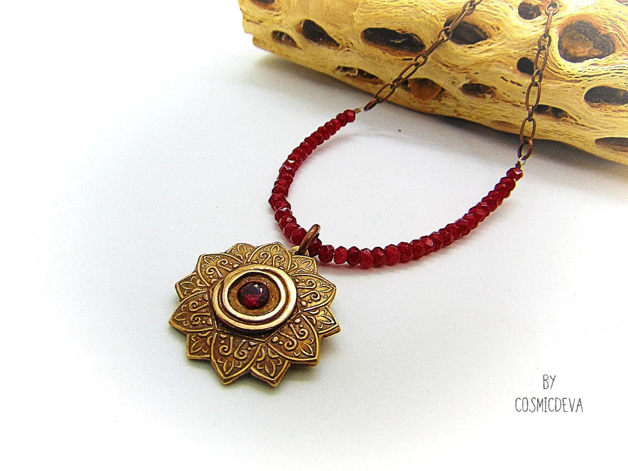 Red Ruby Mandala Mendhi Gold Bronze Necklace