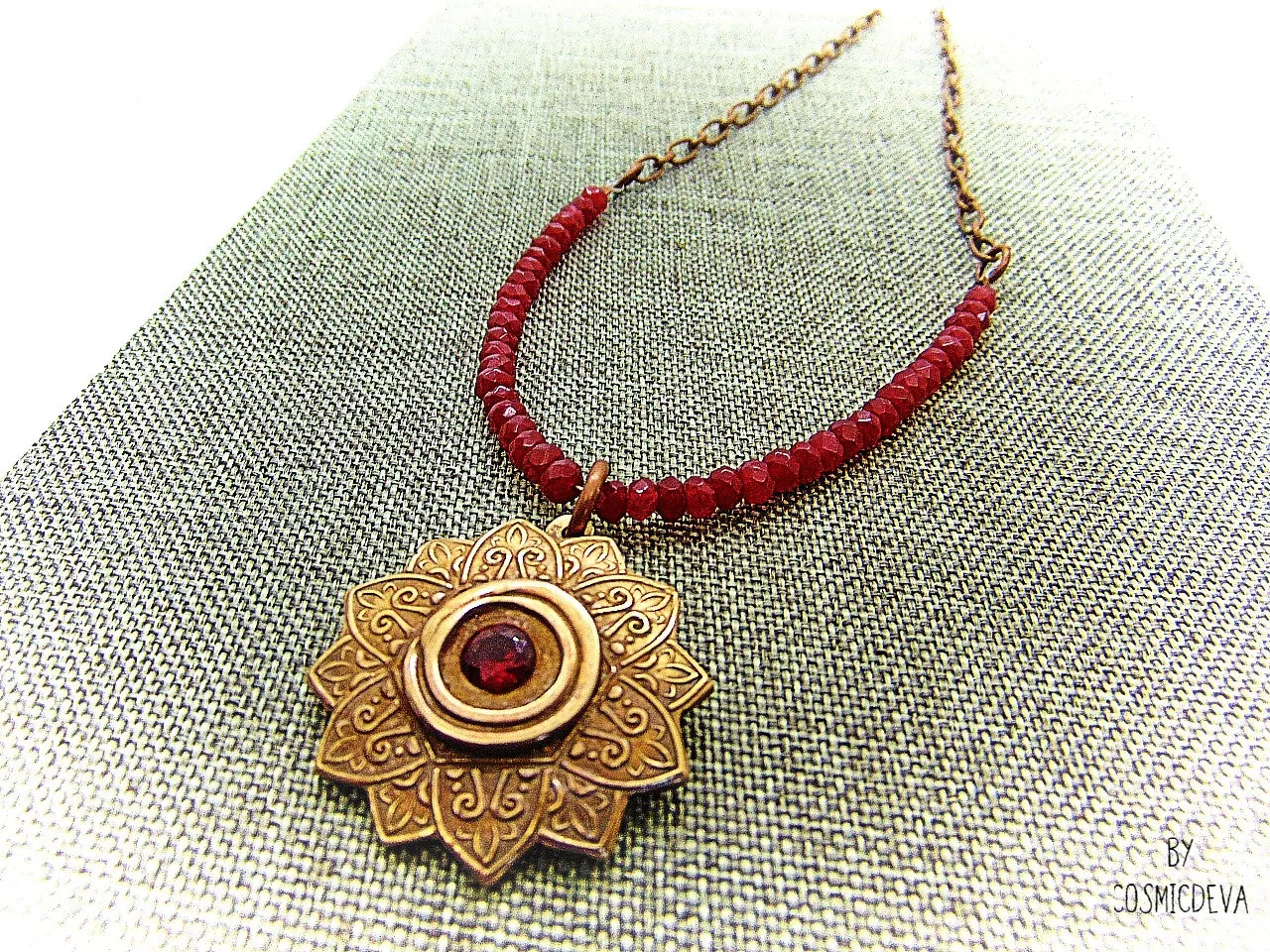 Red Ruby Mandala Mendhi Gold Bronze Necklace