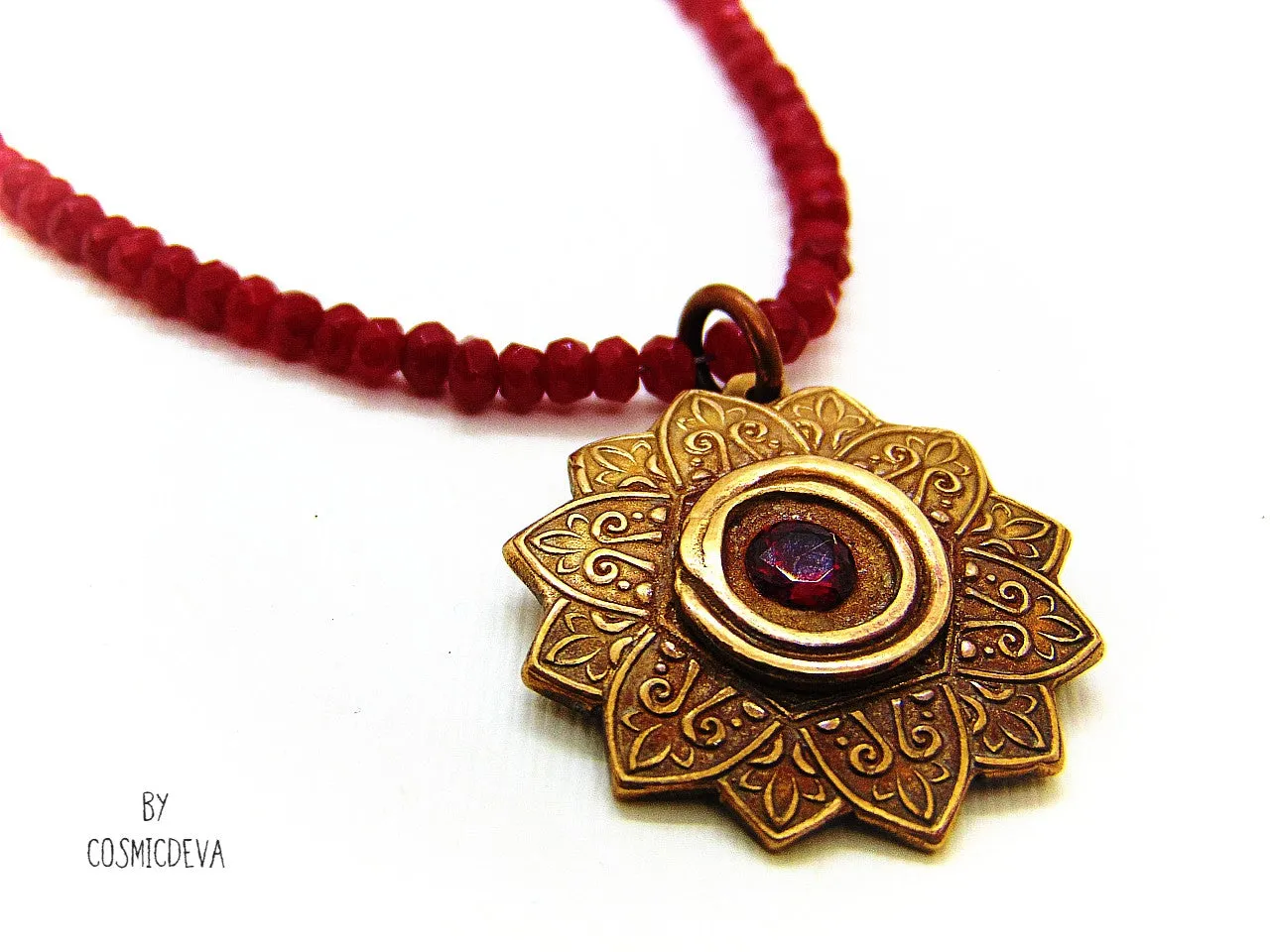 Red Ruby Mandala Mendhi Gold Bronze Necklace