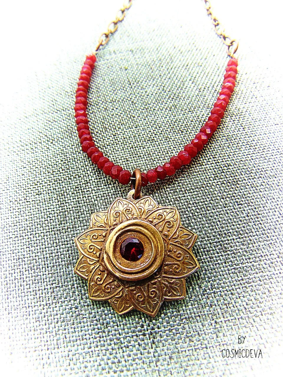 Red Ruby Mandala Mendhi Gold Bronze Necklace