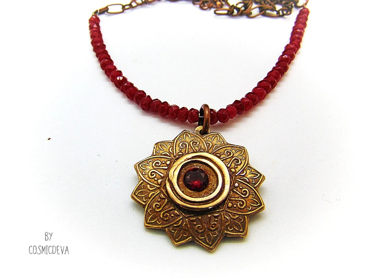 Red Ruby Mandala Mendhi Gold Bronze Necklace