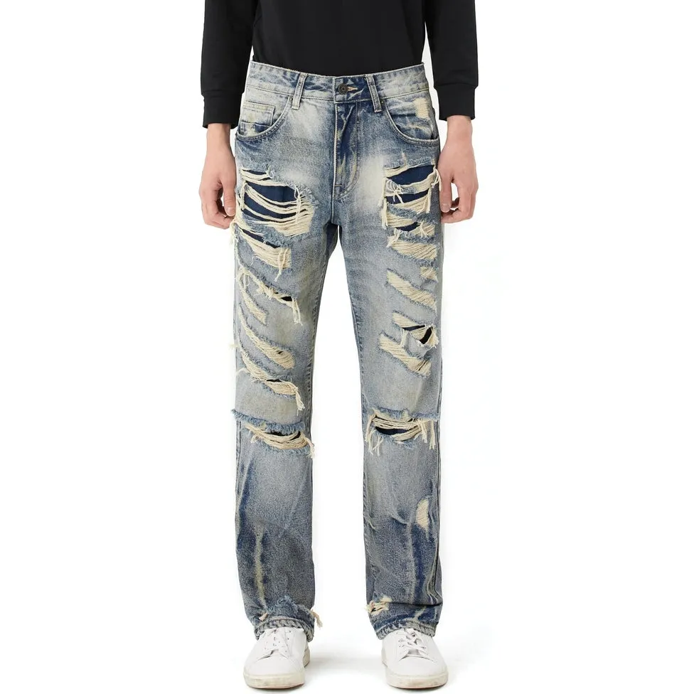 Rip & Repair Curved Denim Pants - Heritage Blue