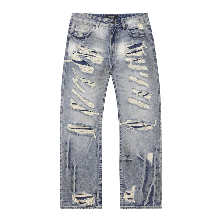 Rip & Repair Curved Denim Pants - Heritage Blue