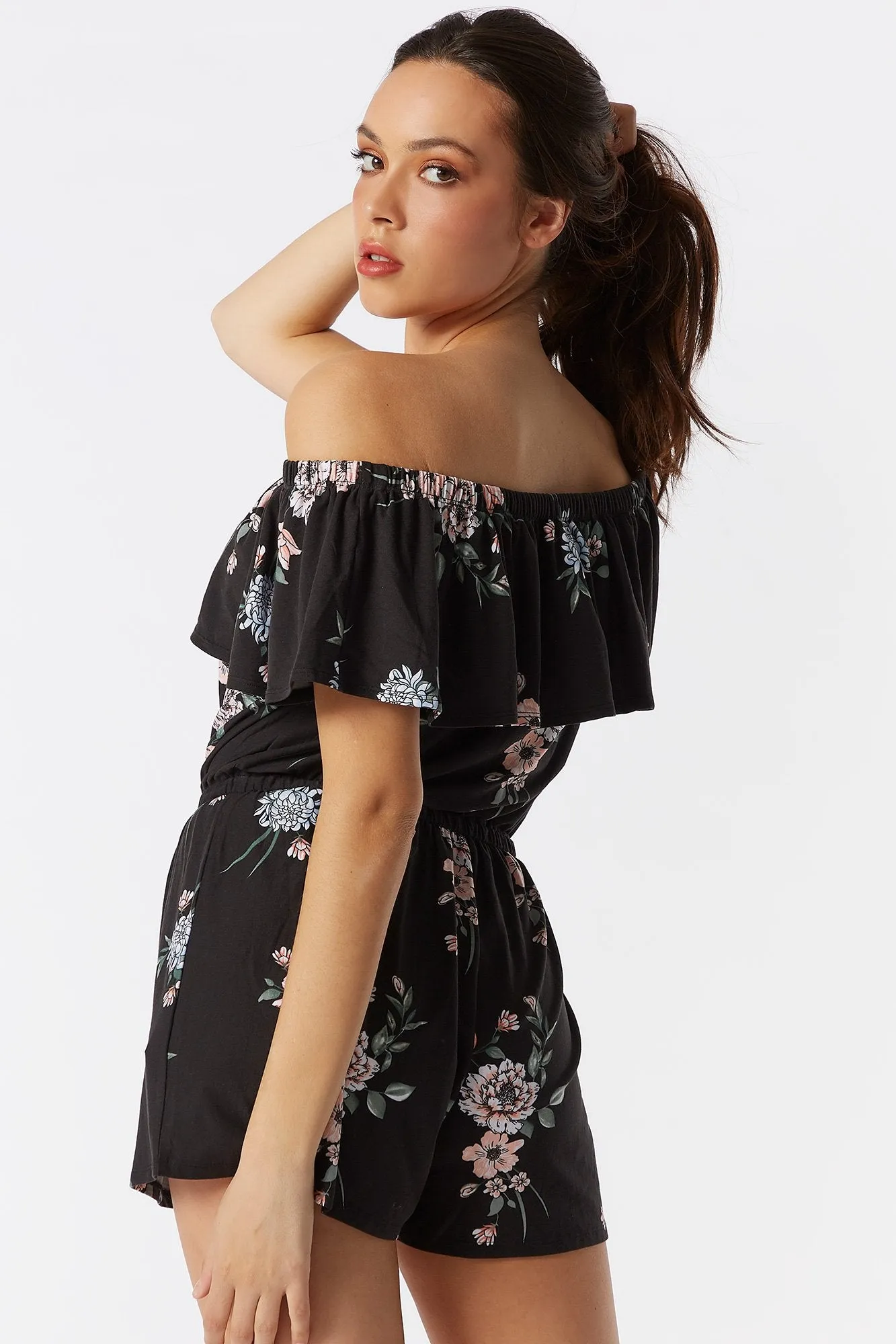 Soft Black Floral Ruffle Off The Shoulder Romper