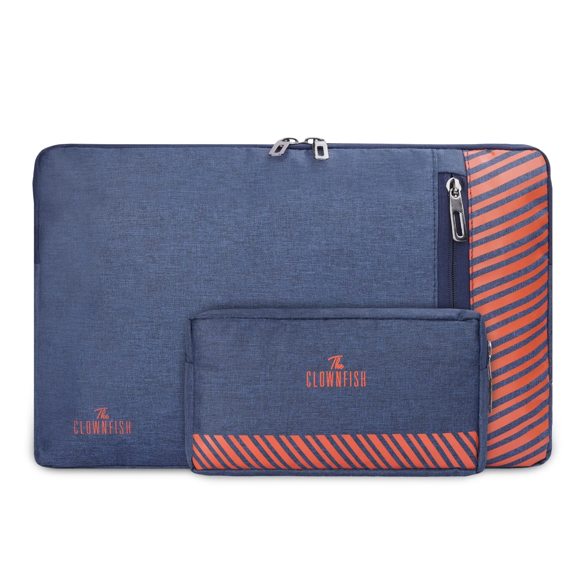 The Clownfish Combo of Algo Series Polyester 15.6 inch Laptop Sleeve & Scholar Series Multipurpose Polyester Travel Pouch Pencil Case Toiletry Bag (Blue)