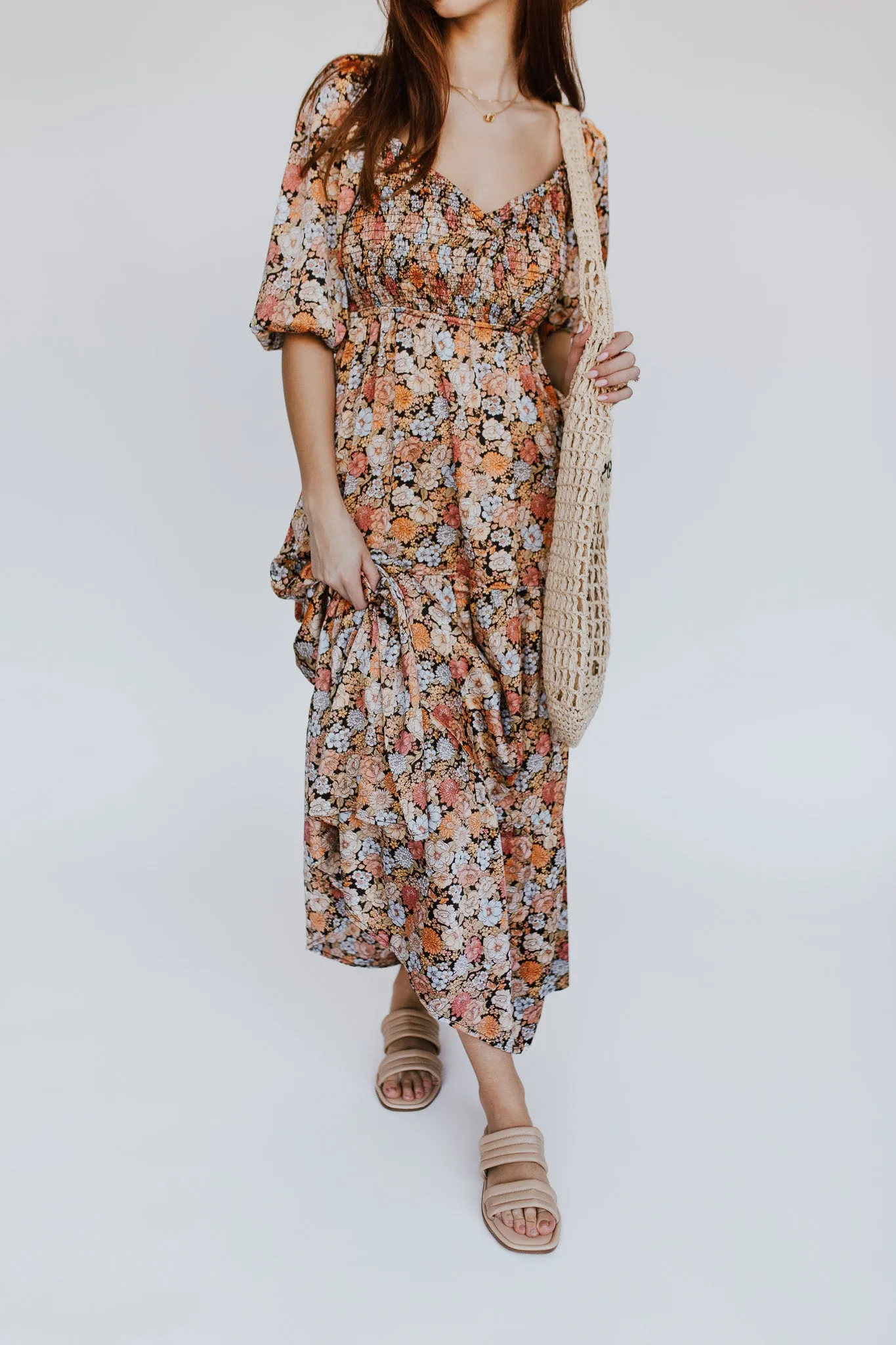 The Wellborn Smocked Maxi Dress in Black Multi